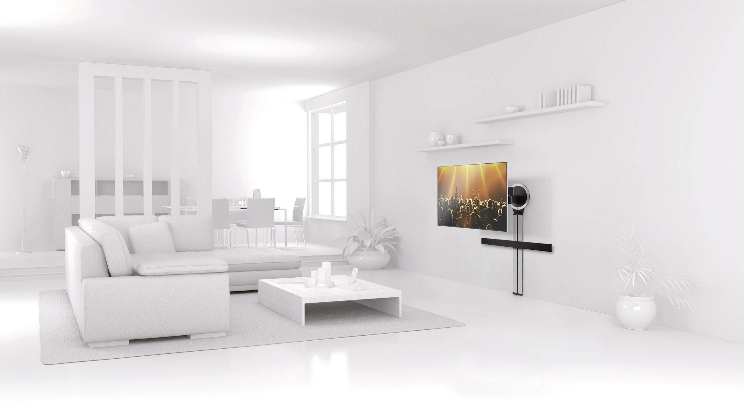 Jasny, nowoczesny salon z białą sofą i płaskim telewizorem na ścianie. Artystyczny klimat.