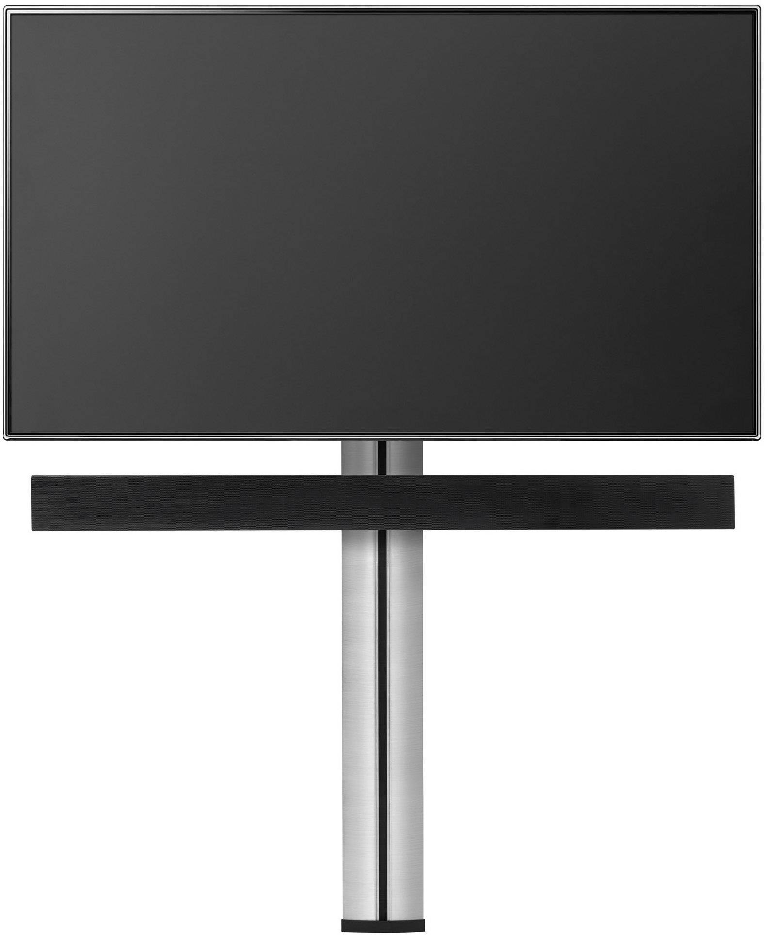 Czarny ekran płaski jest zamontowany na srebrnym wsporniku z poziomą półką.
