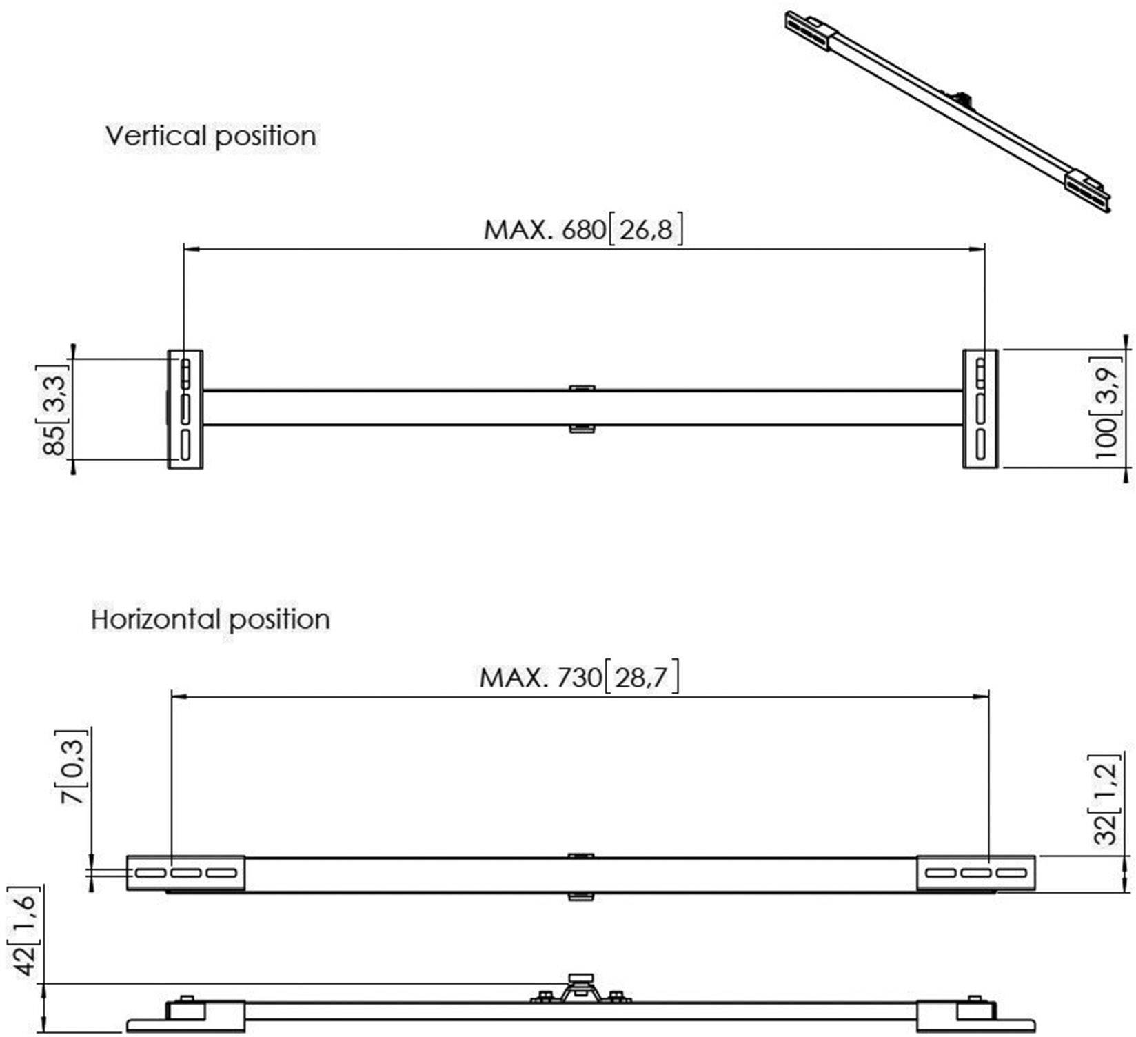 'Diagram przedstawia widok z góry i widok z boku rozwiązania przesuwnego dla ekranów, z wymiarami w pozycji pionowej i poziomej.'
