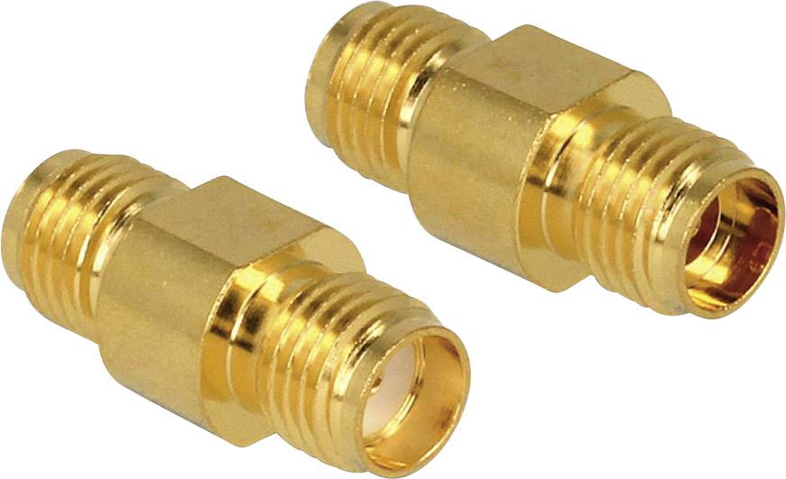 Dwa złote adaptery koaksjalne z żeńskimi i męskimi złączami, wykonane z mosiądzu, przeznaczone do zastosowań w dziedzinie fal wysokiej częstotliwości.