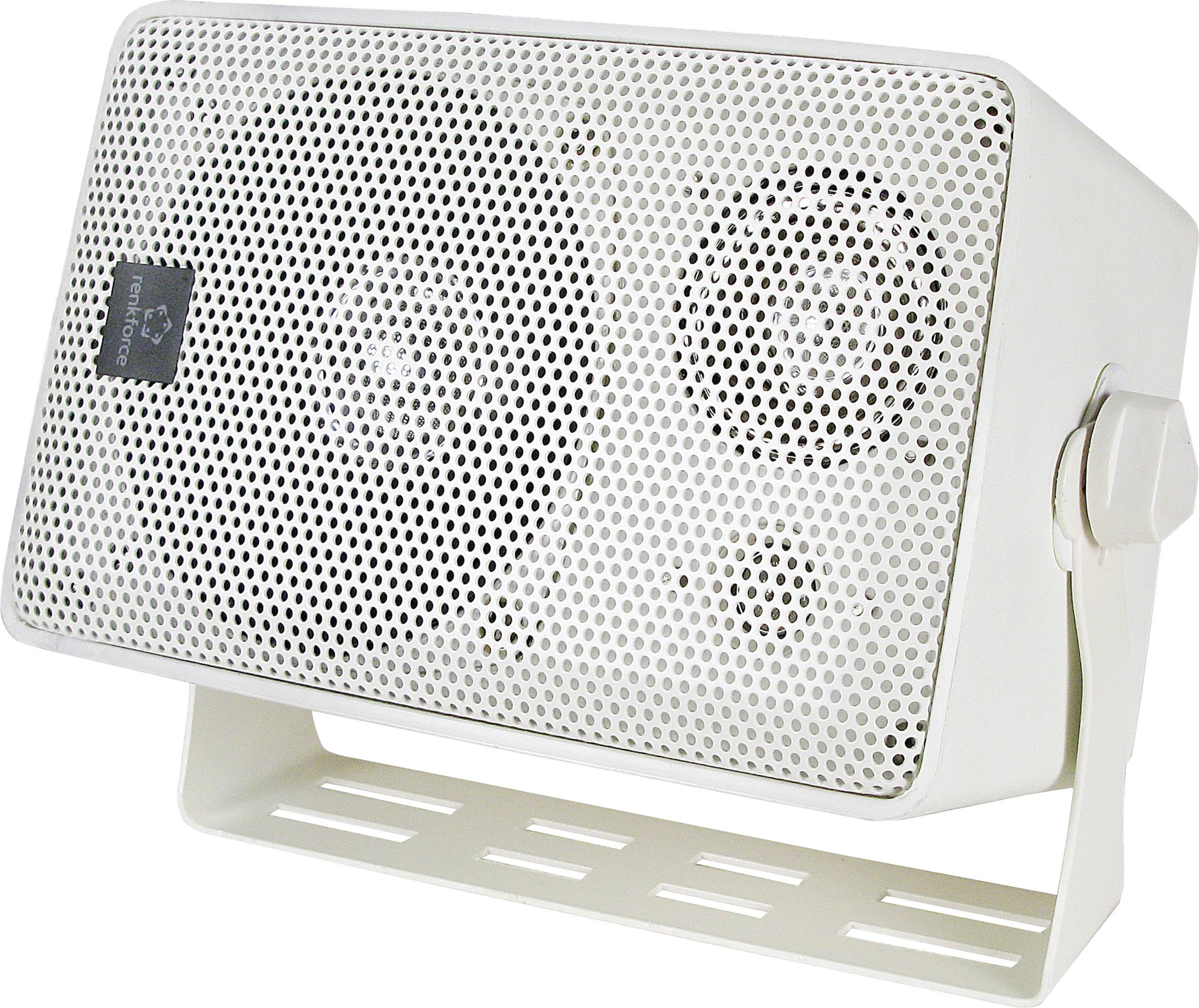 Biały głośnik zewnętrzny z perforowaną obudową metalową i regulowanym mocowaniem, możliwy do zamontowania na ścianach lub sufitach.