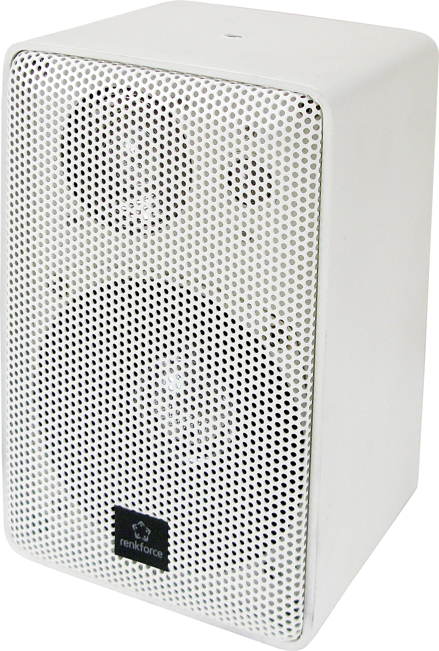 Biały, prostokątny głośnik z siatką szarych otworów i logo 'renkforce' na dole.