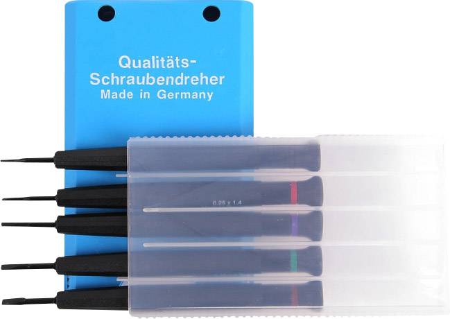 Sześć precyzyjnych wkrętaków w niebieskim uchwycie z napisem 'Wysokiej jakości wkrętaki Made in Germany'.