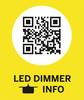 Kod QR nad symbolem ściemniacza oraz tekstem 'LED DIMMER INFO' na żółtym tle.
