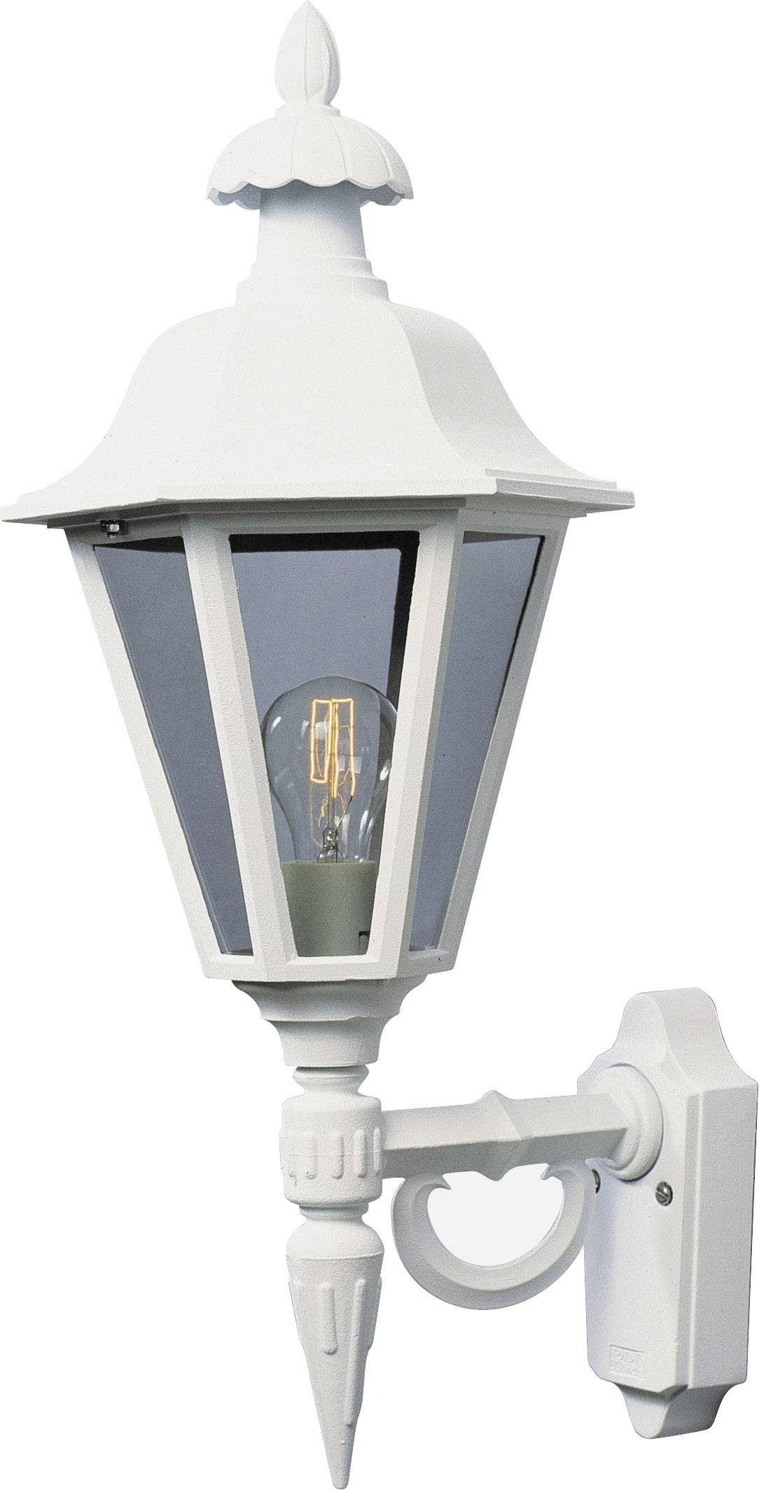 Biała, klasyczna lampa ścienna do użytku zewnętrznego, wykonana z metalu i szkła. Posiada widoczną żarówkę. Idealna do dekoracji w stylu tradycyjnym.