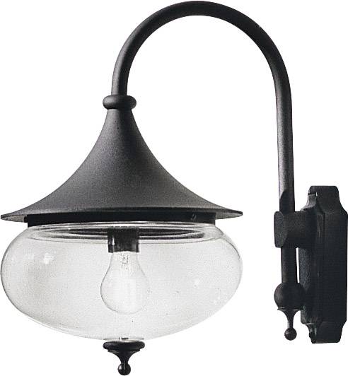 Czarna, zakrzywiona lampa ścienna z przezroczystym, szklanym kloszem i widocznym źródłem światła, idealna do wnętrz w stylu klasycznym lub rustykalnym.