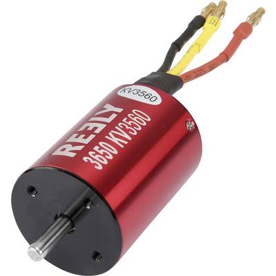 'Czerwony silnik elektryczny z napisem: REELY 3650 KV3550, trzy przewody przyłączeniowe w różnych kolorach, odpowiedni do pojazdów zdalnie sterowanych.'