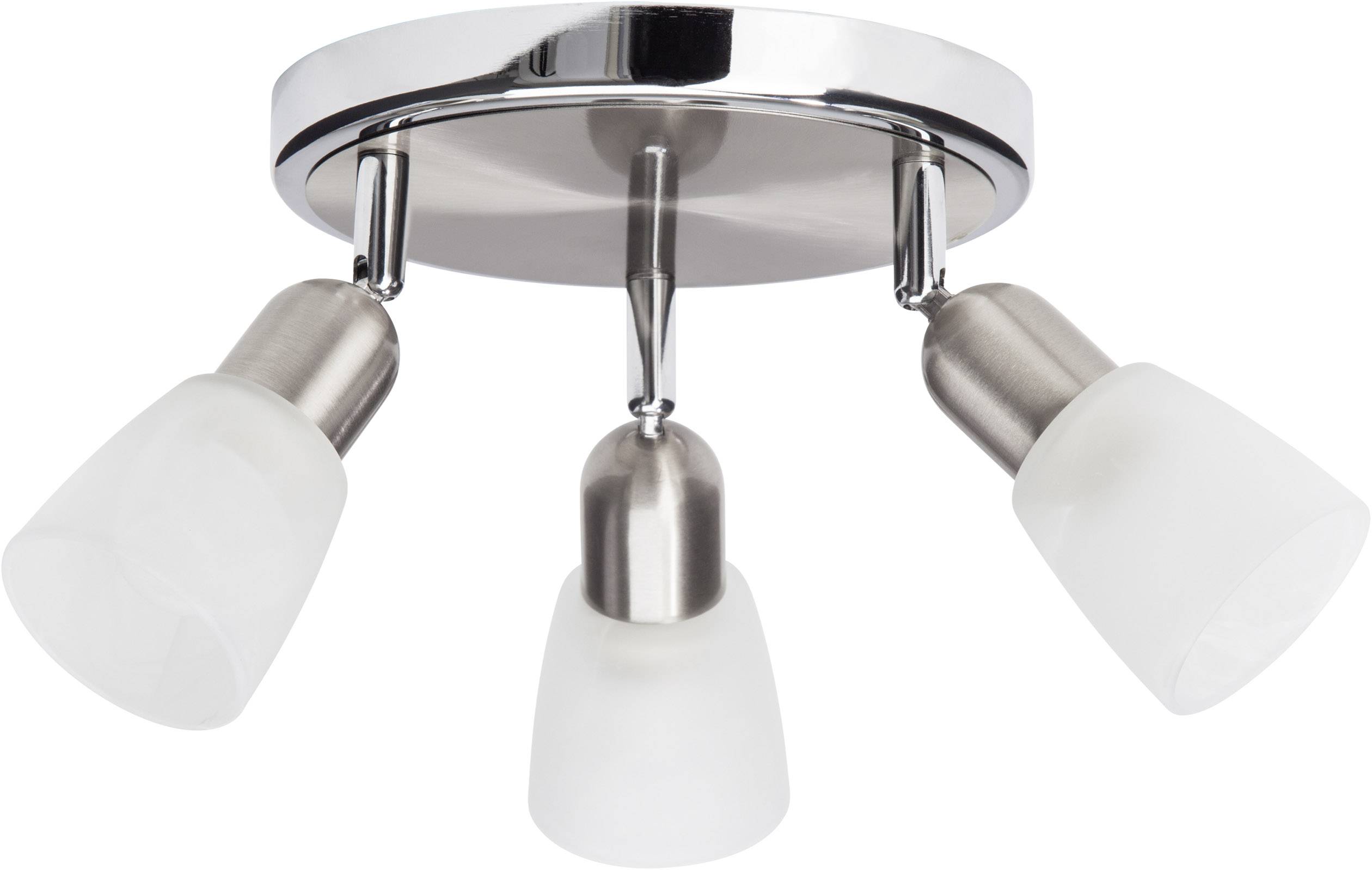Lampa sufitowa z trzema ramionami, wyposażona w okrągłe, regulowane reflektory oraz metalową podstawę.