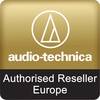 Logo marki Audio-Technica z napisem 'Autoryzowany Sprzedawca Europa' na złotym tle.