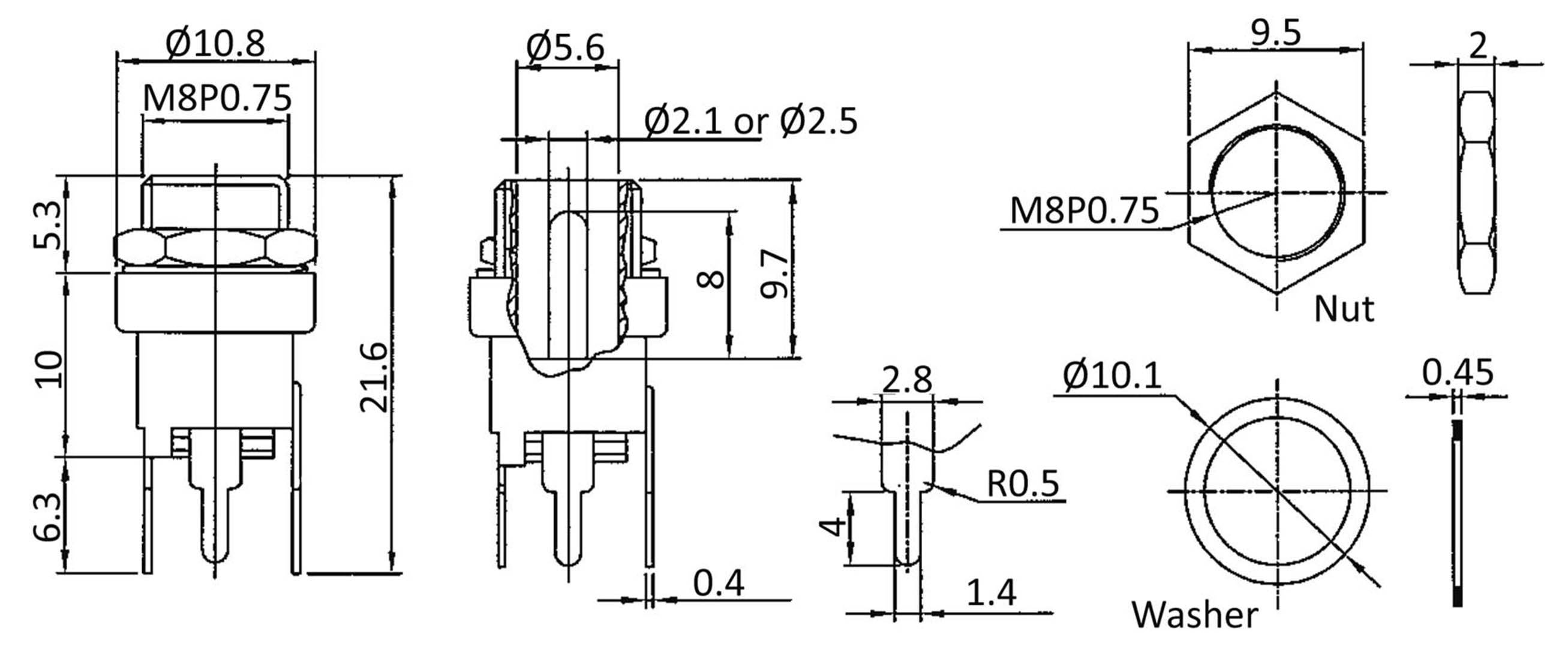 Diagram przedstawia rysunki techniczne złącza M8 z wymiarami. Pokazane są linie centrujące, gwint oraz widoki z przodu i z boku.