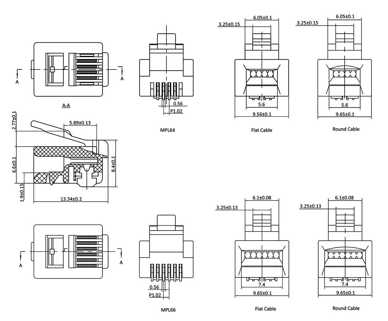 Rysunek techniczny złączy RJ45 z wymiarami i szczegółami połączeń dla kabli płaskich i okrągłych. Przedstawia widok z przodu, z boku i z góry.