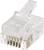 Zbliżenie przezroczystego złącza RJ45 stosowanego w kablach sieciowych Ethernet. Widocznych jest osiem metalowych styków.