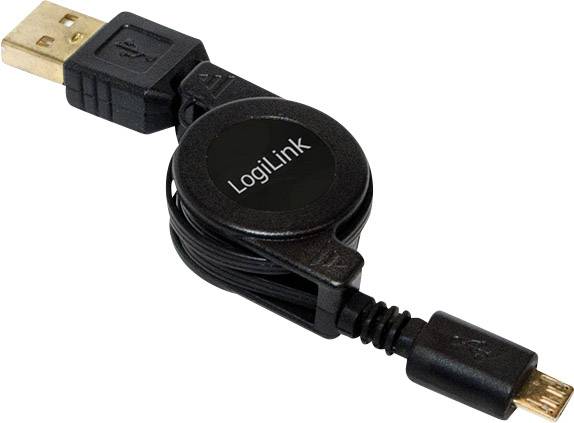 Wysuwany kabel USB z mikrołączem USB z jednej strony i standardowym złączem USB-A z drugiej strony. Nazwa marki 'LogiLink' widoczna.