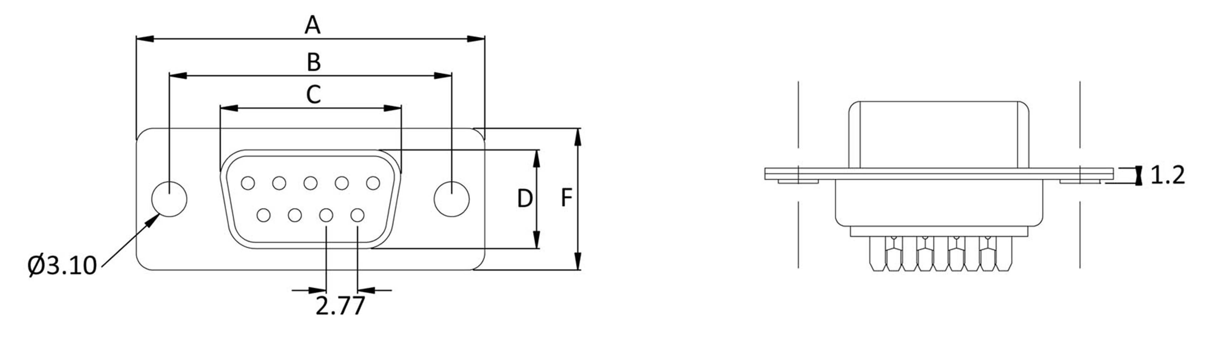 Rysunek techniczny złącza DB9 z wymiarami: A, B, C, D, F, Ø3,10, 2,77, 11,2. Widok z boku i z przodu z szczegółowymi informacjami.