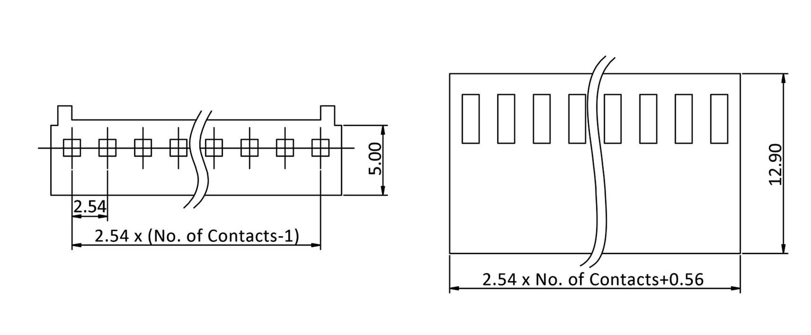 Rysunek techniczny złącza elektrycznego z wymiarami: szerokość 2,54 mm na kontakt oraz wysokość 12,90 mm, szczegóły montażowe.