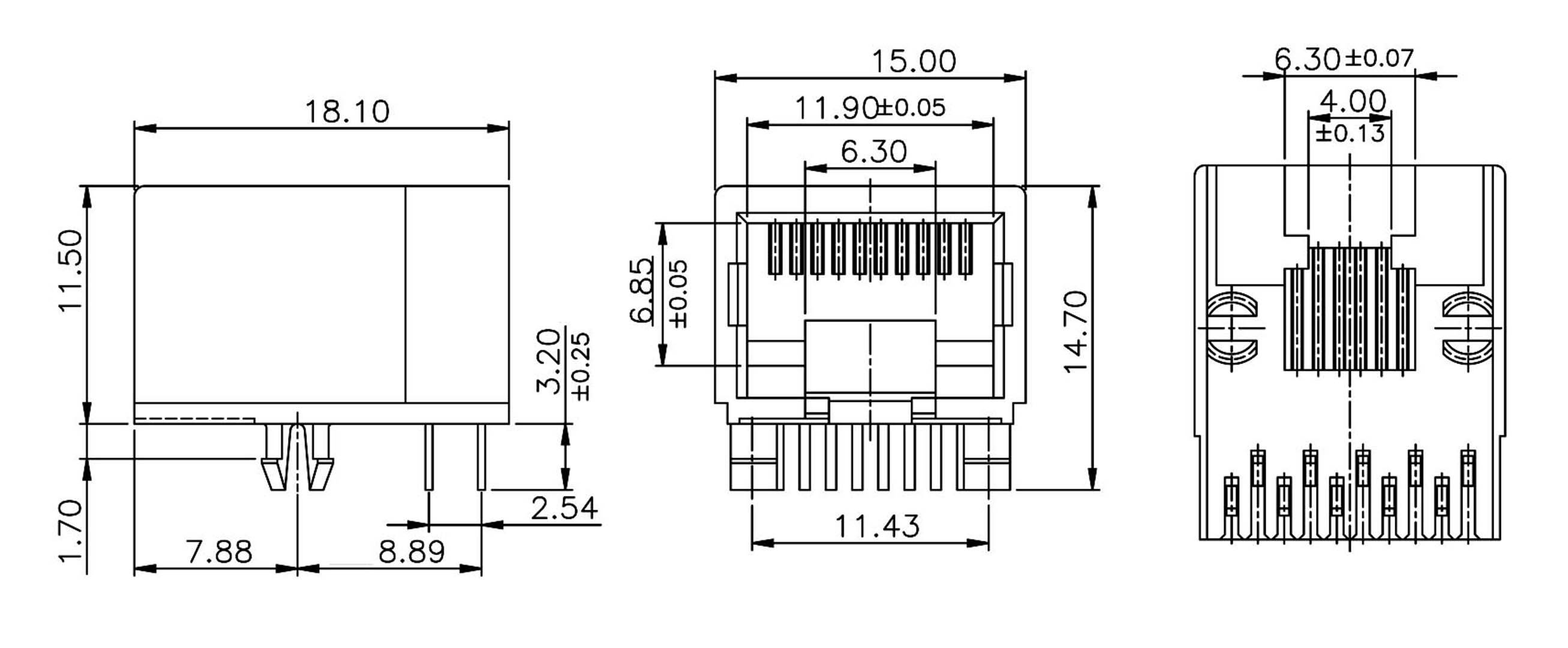 Złącze, rysunek techniczny z wymiarami: szerokość 18,10 mm, wysokość 14,70 mm, głębokość 11,90 mm, szczegóły dotyczące styków elektrycznych.