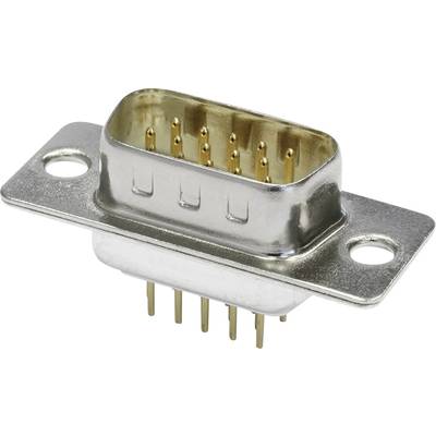 Złącze DB-15 z metalową obudową i złotymi stykami, przeznaczone do stosowania w urządzeniach elektronicznych i połączeniach wtykowych.