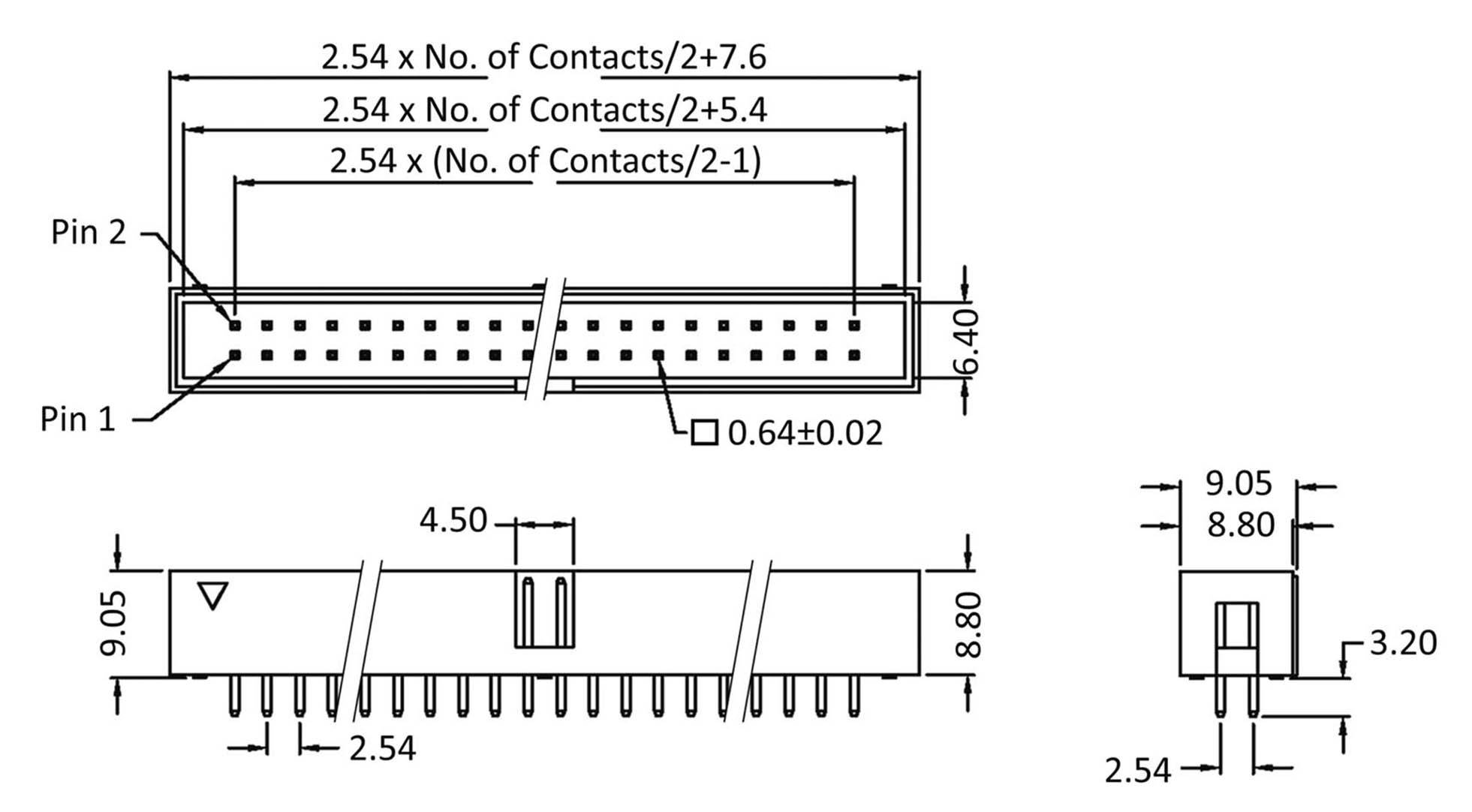 Rysunek techniczny złącza elektrycznego z wymiarami: rozstaw styków 2,54 mm, wysokość 9,05 mm. Widok z boku i z góry.