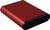 Zewnętrzny dysk twardy w czerwonej obudowie, ułożony na boku.