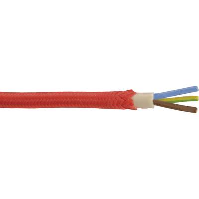 Czerwony, pleciony kabel z trzema przewodami wewnętrznymi w kolorach niebieski, zielono-żółty i brązowy.