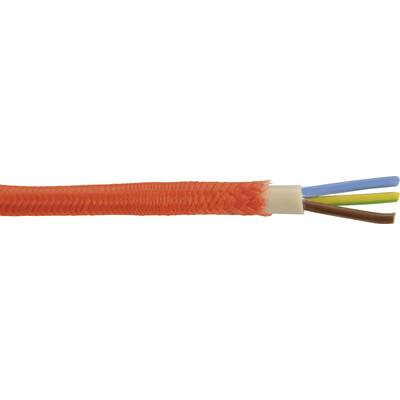 Pomarańczowy, pleciony kabel elektryczny z widocznymi trzema przewodami wewnętrznymi w kolorach niebieskim, brązowym oraz żółto-zielonym.