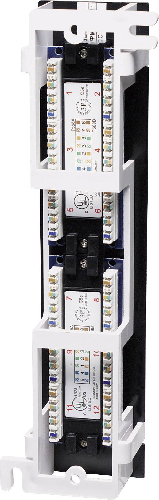 Czarny rozdzielacz ze trzema ułożonymi pionowo modułami, z których każdy posiada kolorowo oznaczone złącza i numeracje.