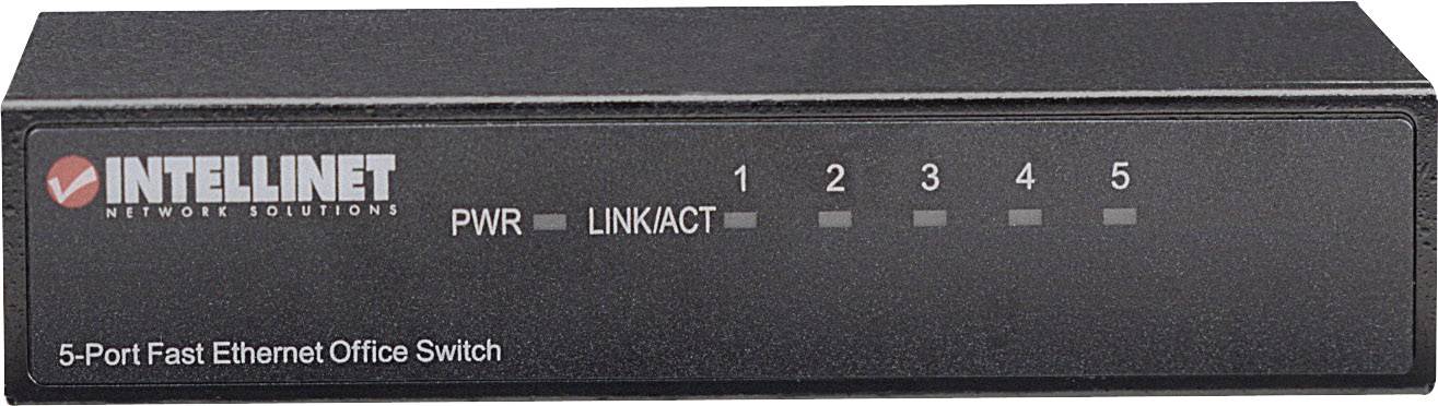 Przełącznik biurowy Intellinet o 5 portach Fast Ethernet, wyposażony w diody LED sygnalizujące zasilanie i połączenia na pięciu portach, stosowany do połączeń sieciowych.