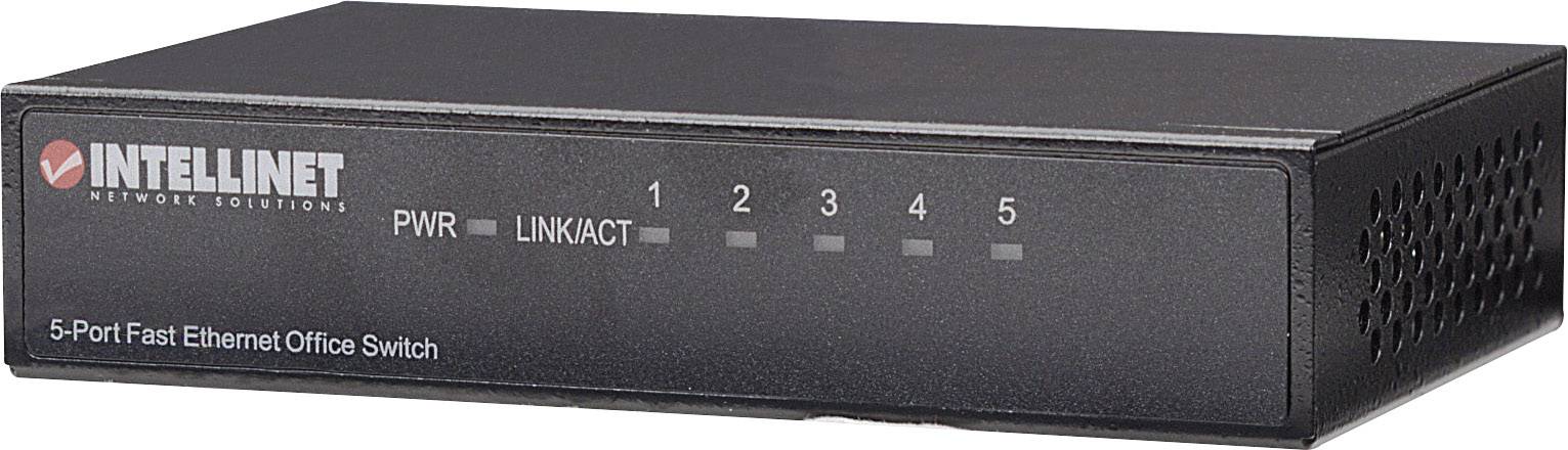 Czarny 5-portowy switch Fast Ethernet do biura z diodami sygnalizującymi stan połączenia sieciowego.