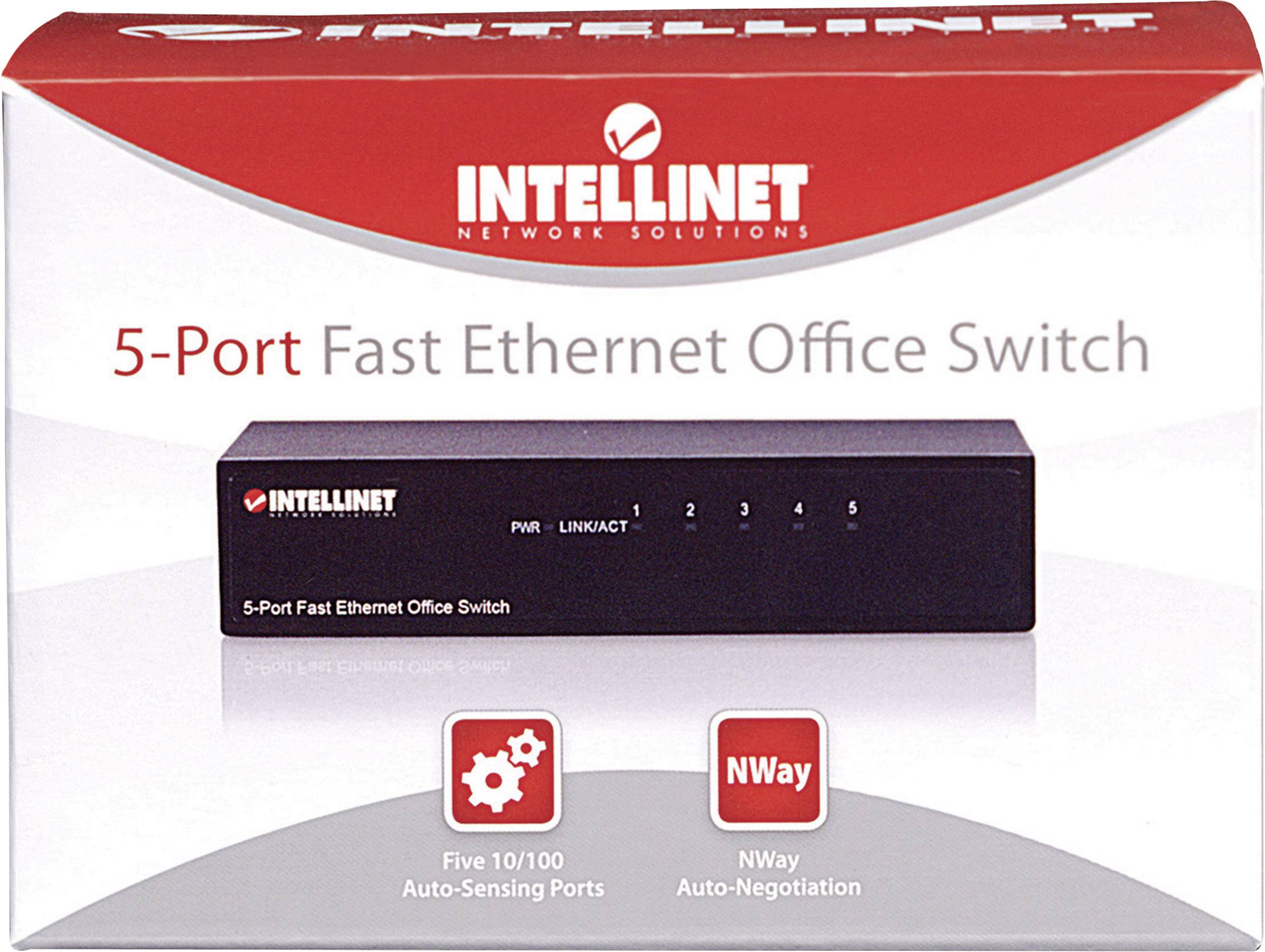 Opakowanie 'INTELLINET 5-portowy Fast Ethernet Switch do biura'. Zawiera funkcje takie jak pięć portów Auto-Sensing oraz NWay Auto-Negotiation.