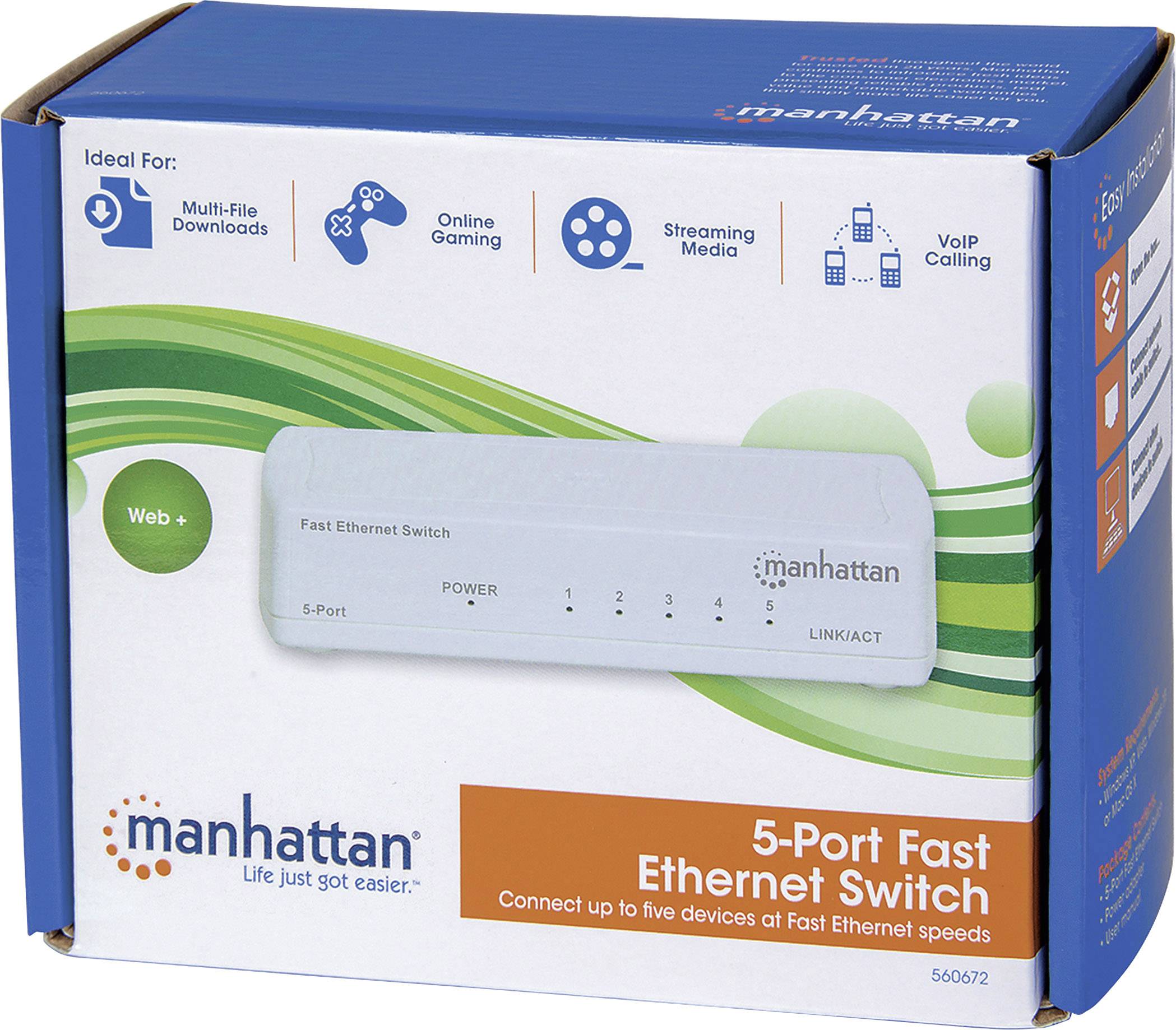 Niebieskie opakowanie produktowe przełącznika Ethernet z 5 portami marki "Manhattan" z ikonami oznaczającymi wieloplikowe pobieranie, gry online, transmisję mediów strumieniowych oraz połączenia VoIP.