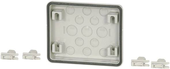 Prostokątna osłona z czterema zaczepami montażowymi, stosowana w urządzeniach elektrycznych lub przyłączach.