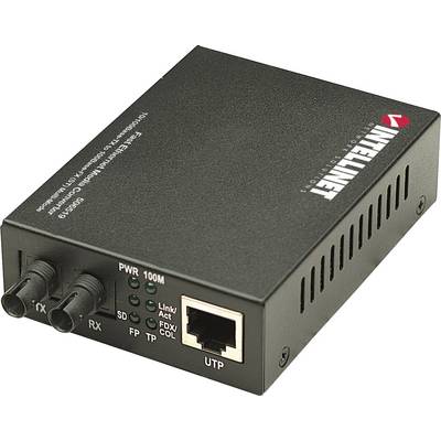 Konwerter sieciowy 'Intellinet'. Czarny, kompaktowy, z interfejsami światłowodowymi i Ethernet. Stosowany do transmisji danych.
