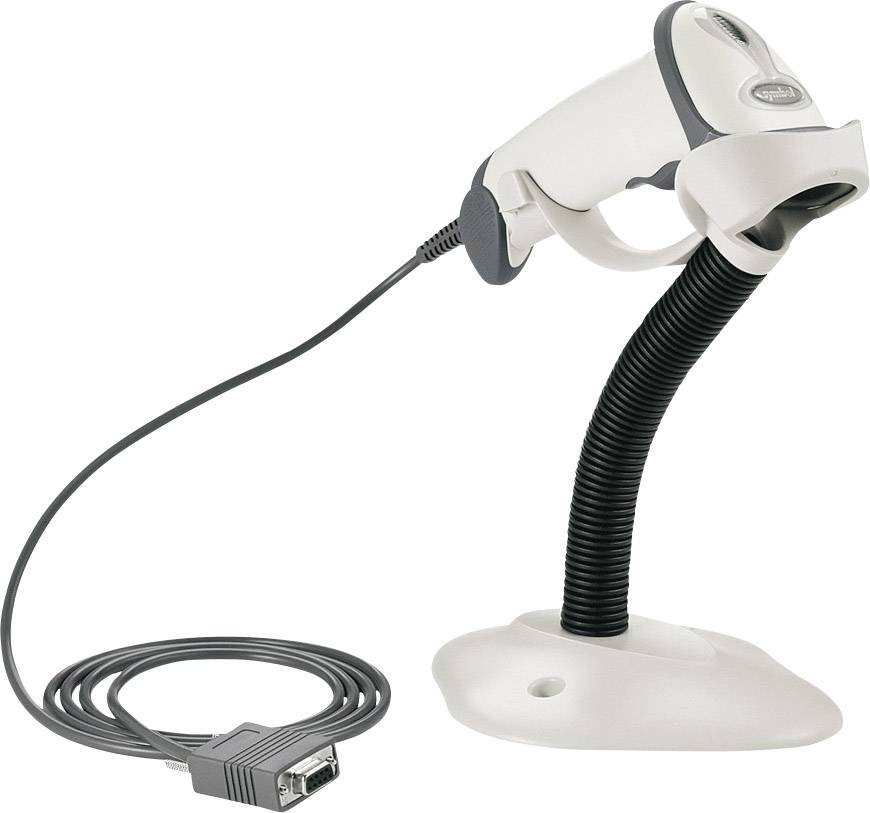 Przewodowy skaner kodów kreskowych umieszczony na stojaku. Skaner jest nachylony dla wygodnego użycia i posiada długi kabel przyłączeniowy.