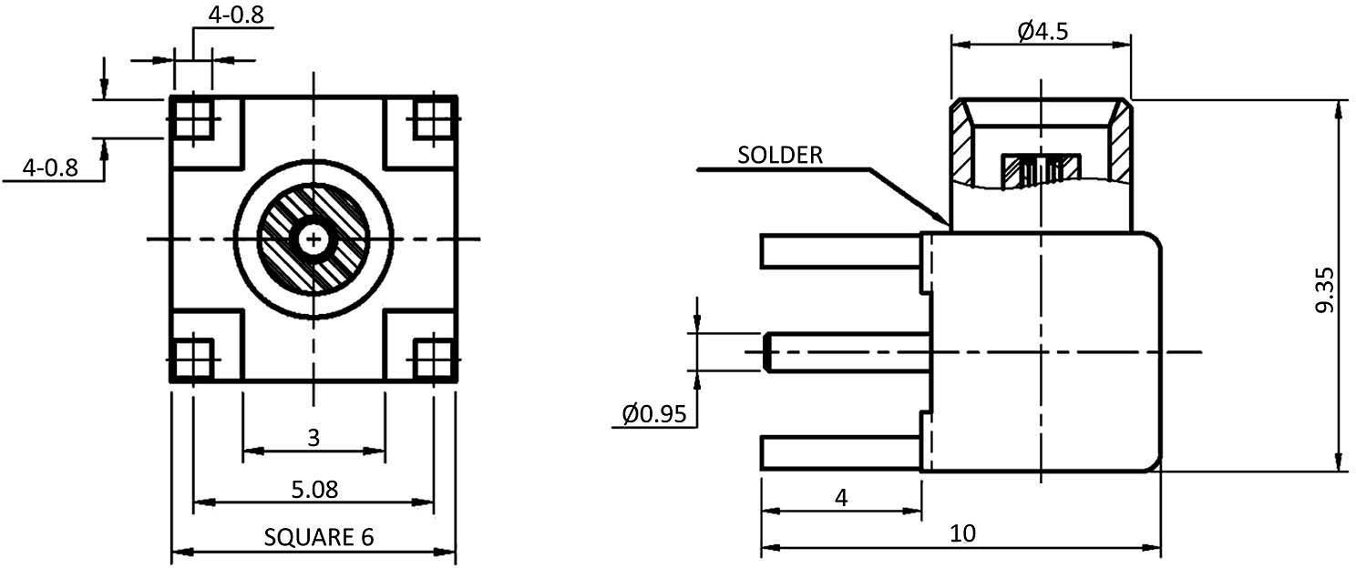 Rysunek techniczny złącza elektrycznego z wymiarami: 4x0,8 mm, wysokość 9,35 mm, szerokość 10 mm, głębokość 5 mm. Zawiera punkt lutowniczy.