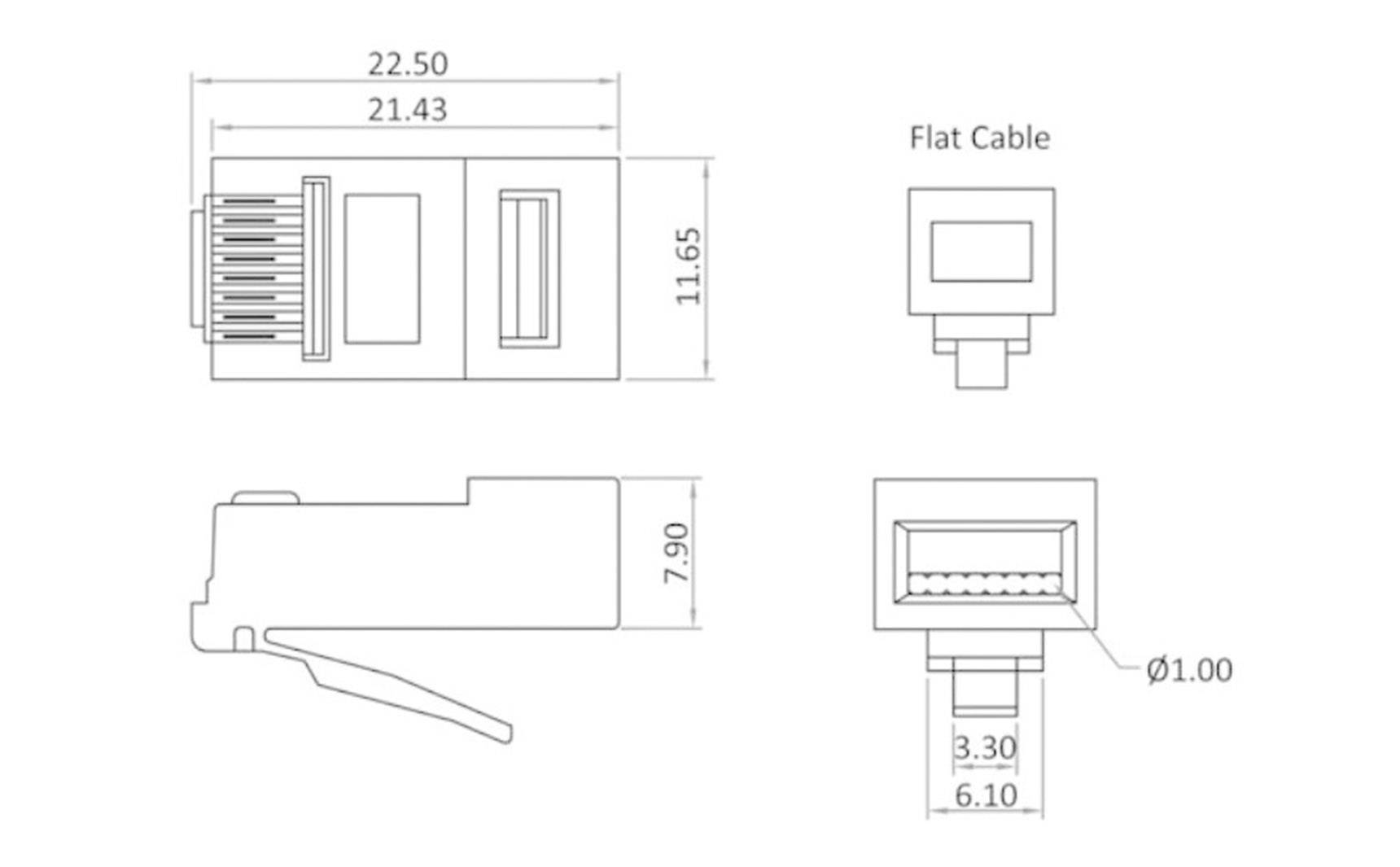 Rysunek techniczny wtyczki RJ45 z wymiarami. Na górze: wtyczka z przewodem płaskim; po prawej: widok z przodu. Wymiary w milimetrach.