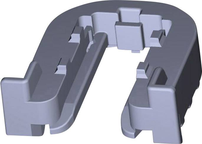 Szary plastikowy klips w kształcie litery U z dwoma podłużnymi ramionami i kilkoma prostokątnymi otworami.