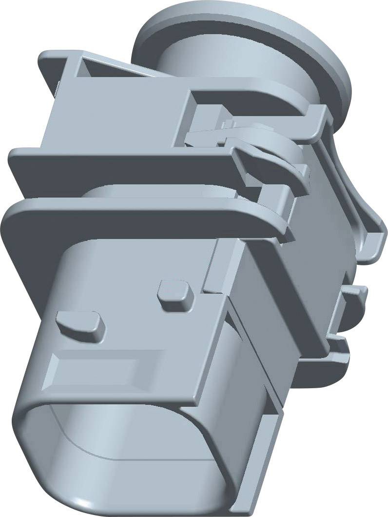 Renderowany model 3D szarego złącza, widziany z boku, z widocznymi elementami blokującymi i przyłączem przewodu.