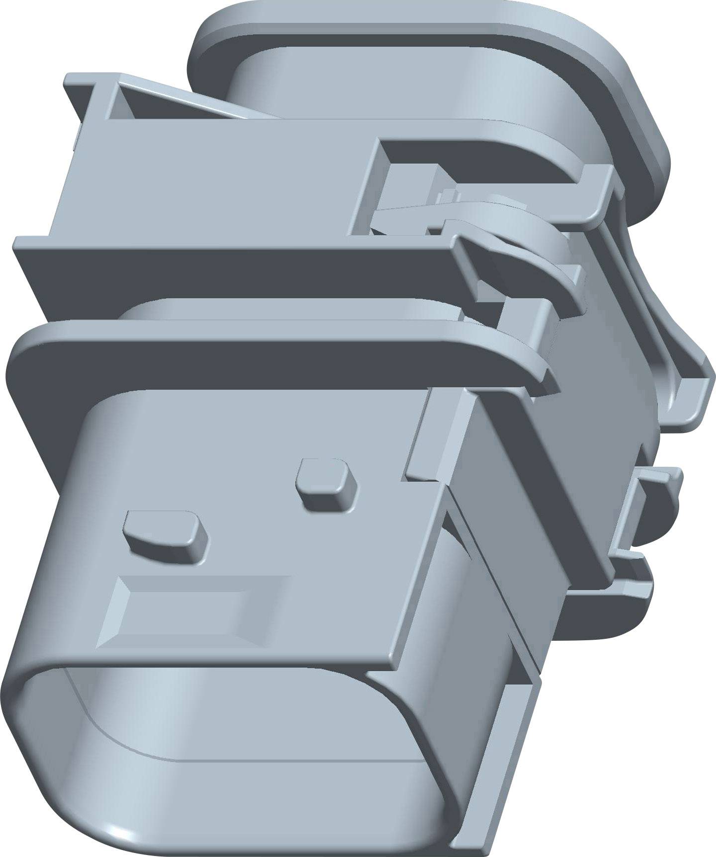 Szary, prostokątny złącz z tworzywa sztucznego z wieloma zaczepami mocującymi. Stosowany głównie w urządzeniach elektronicznych.