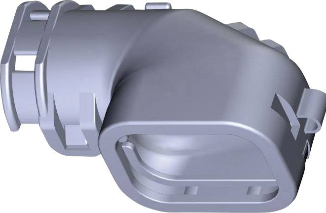 Srebrny, zakrzywiony element plastikowy z prostokątnym otworem i kilkoma rowkami, prawdopodobnie techniczny element łączący.