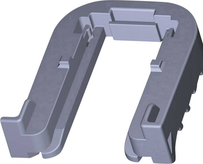 Uchwyt plastikowy w kształcie litery U z wieloma punktami mocowania, potencjalnie przydatny w zastosowaniach elektronicznych lub mechanicznych.