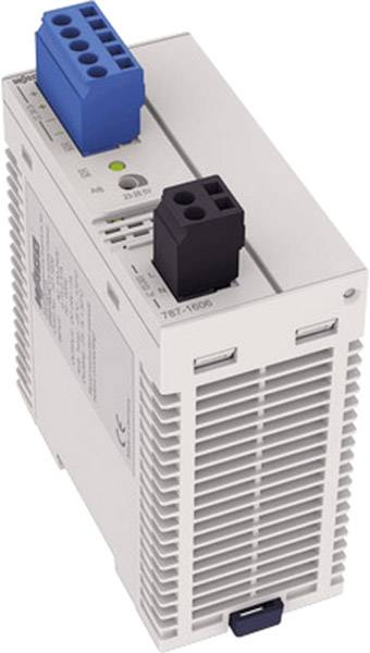 Białe urządzenie elektroniczne z niebieskimi i czarnymi zaciskami na górze, zielonym światłem LED i otworami wentylacyjnymi z boku.