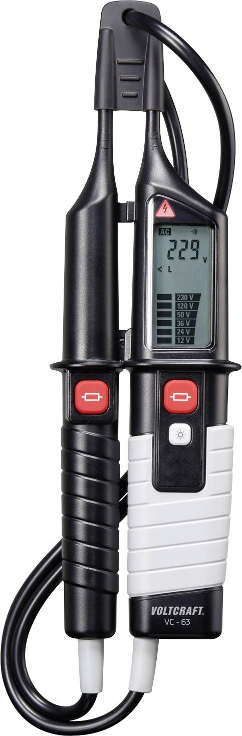 Cyfrowy tester napięcia w kolorystyce czarno-białej z wyświetlaczem. Wskazuje '229V'. Używany do pomiarów napięcia w obwodach elektrycznych.