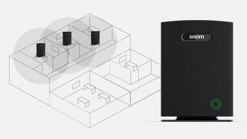 Rysunek przedstawia bazowe urządzenie telefoniczne VoIP firmy Snom oraz jego zastosowanie w wielopomieszczeniowym rzucie budynku z podłączonymi urządzeniami.