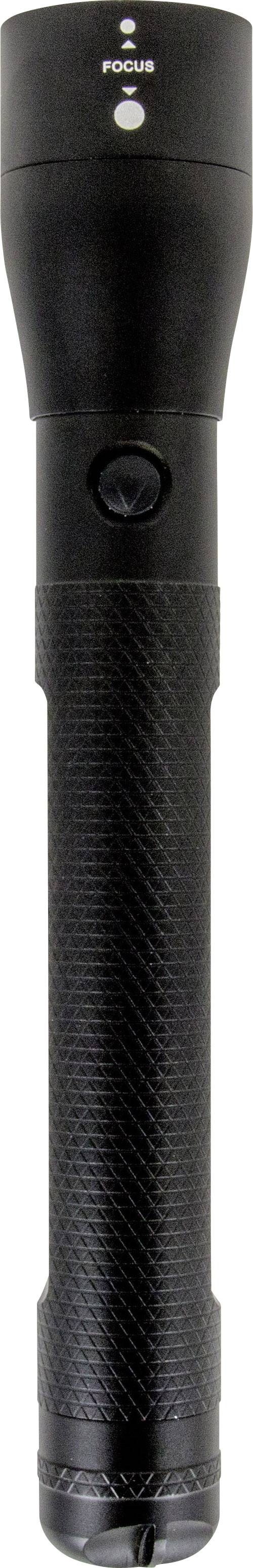 Czarna latarka z ryflowanym uchwytem i funkcją regulacji ogniskowej.