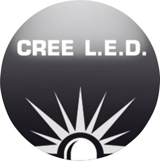 'Logo firmy Cree L.E.D. z wygranym stylizowanym wzorem promienia słonecznego pod nazwą marki.'