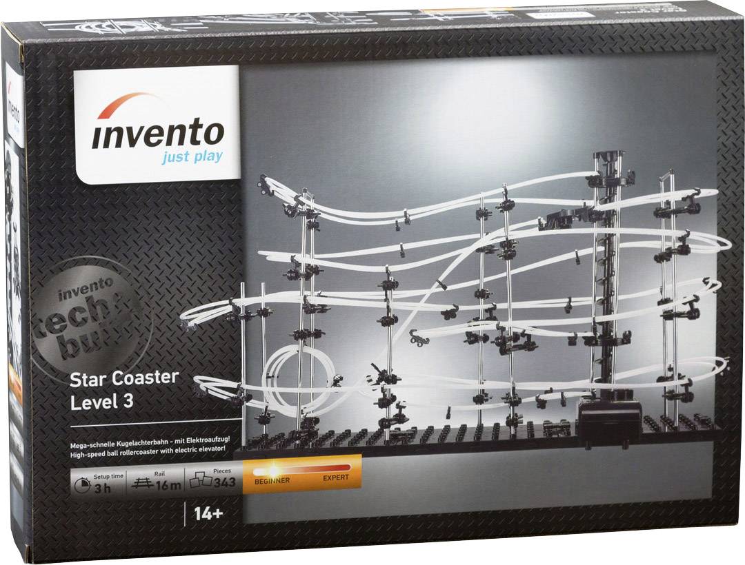 'Invento Star Coaster Level 3' Karton przedstawia złożony model toru kulkowego z wieloma poziomami wykonanymi z przezroczystego tworzywa sztucznego. Dla dzieci powyżej 14 lat.