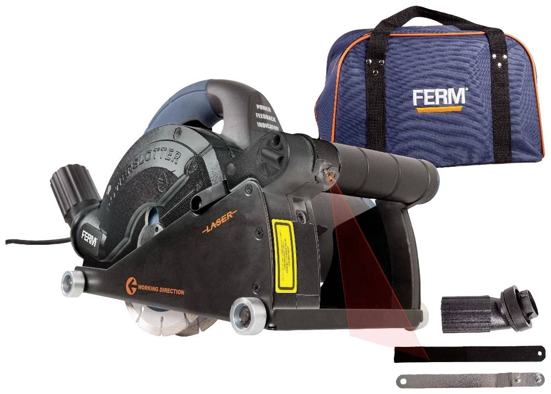 Piła tarczowa z prowadzeniem laserowym i akcesoriami, w tym uchwytem ręcznym, kluczem imbusowym oraz torbą transportową z napisem 'FERM'.