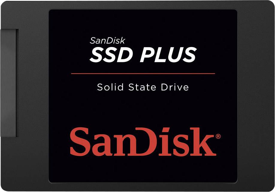 Dysk SSD SanDisk SSD PLUS, w kolorze czarnym z czerwonym logo 'SanDisk', ilustracja produktowa sprzętu magazynującego.