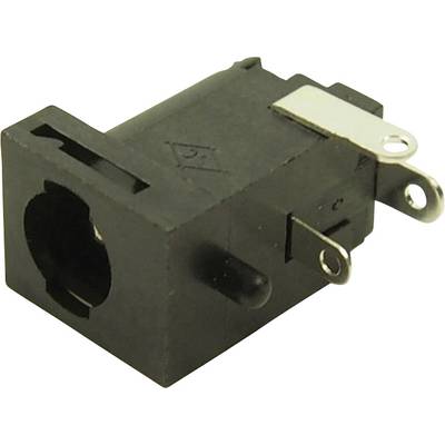Czarna, prostokątna wtyczka audio z trzema stykami metalowymi i okrągłym otworem przyłączeniowym, często używana do zasilania w urządzeniach elektronicznych.