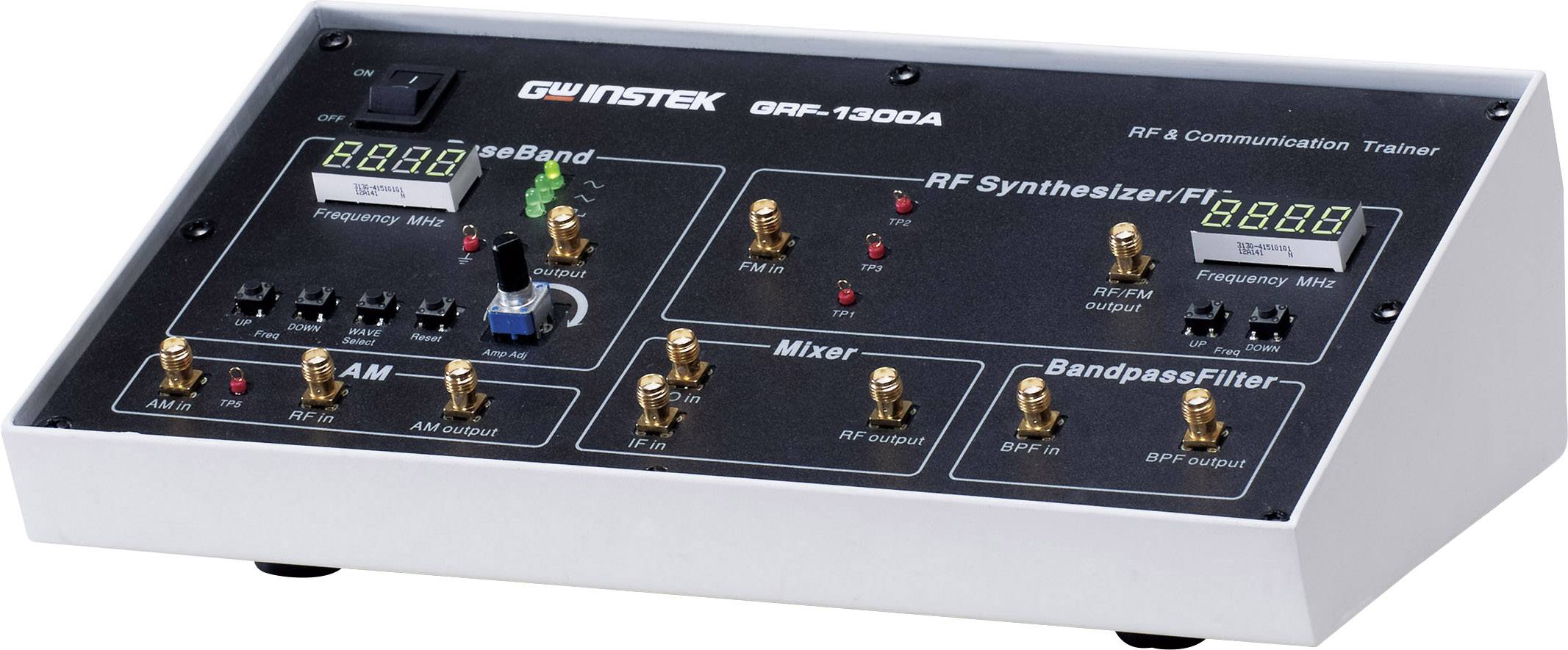 Trenażer komunikacji i sygnałów radiowych GPR-1300A z elementami sterującymi i wyświetlaczem do obsługi zakresu częstotliwości, syntezatora, miksera i filtra pasmowego.